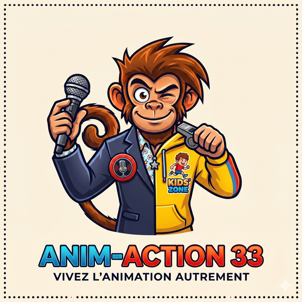 Mascotte AnimAction33 : singe animateur souriant qui salue, entouré d’étoiles et de confettis